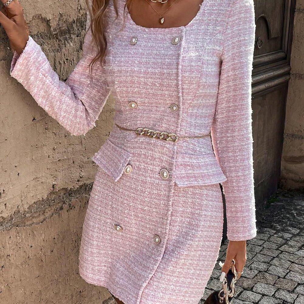 NWT Pascale la Mode Double Breasted Button Pink Plaid Tweed Blazer Dress XS